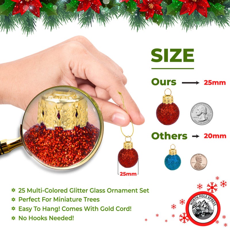 NorthPoleXpress 1 Inch Multicolor Mini Glitter Glass Ball Christmas Ornaments Set of 25 Balls | Miniature Christmas Tree Ornaments | Rustic Christmas Decorations | Mini Christmas Tree Decorations for Small Trees - Image 3